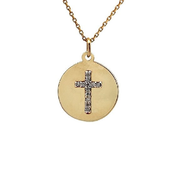 14K Yellow Gold Diamond Cross Disc Necklace