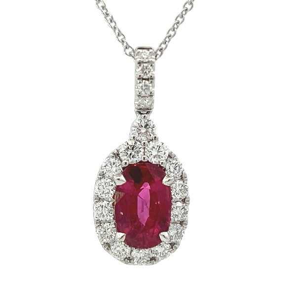 18K White Gold Oval Ruby and Diamond Halo Pendant