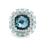 18K White Gold Cocktail Halo Ring with Blue Topaz and Diamonds - ESTATE