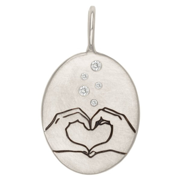 HEATHER B MOORE Silver Heart Hands Oval Charm With Diamonds