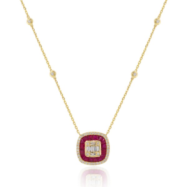 14K Yellow Gold Ruby and Diamond Necklace