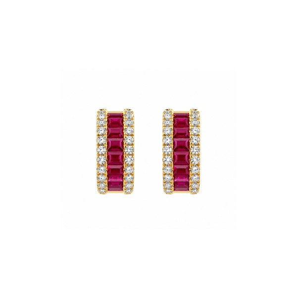 14K Yellow Gold Ruby and Diamond Small Hoop Earrings