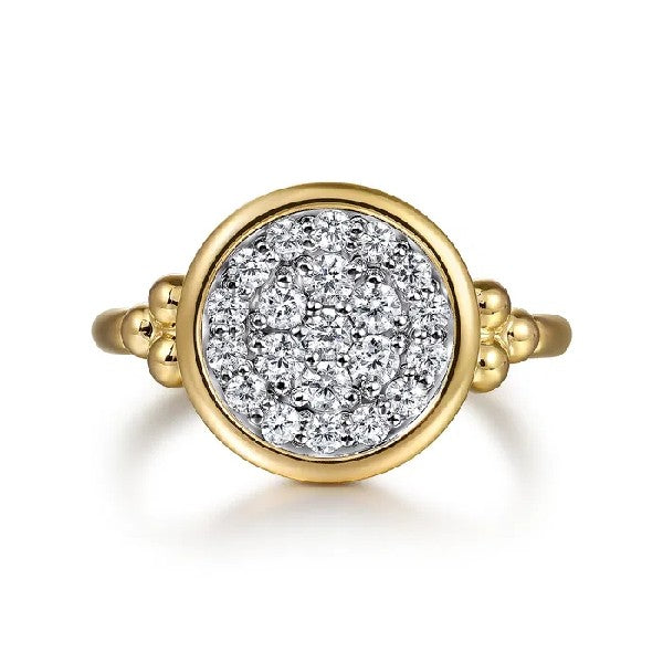 14K Yellow and White Gold Round Disc Diamond Ring