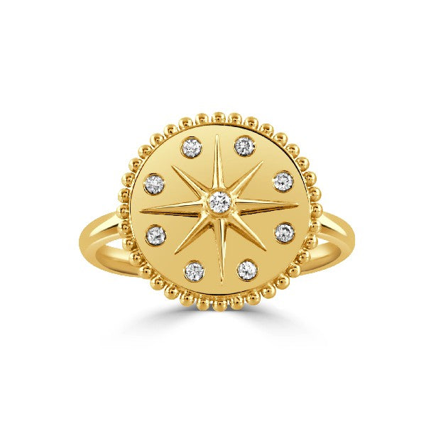 18K Yellow Gold Medallion Ring With Diamonds