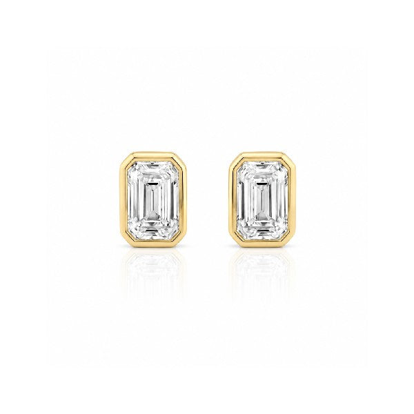 18K Yellow Gold Bezel-Set Emerald Cut Diamond Stud Earrings
