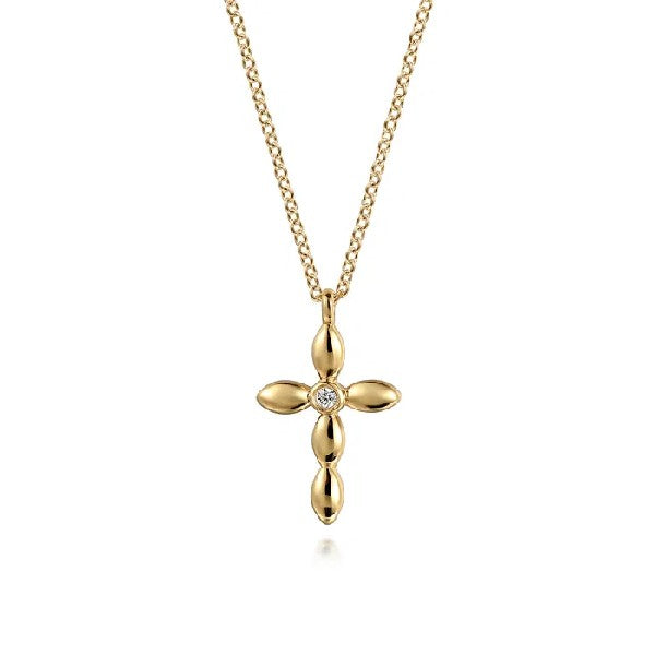 14K Yellow Gold Puff Cross Diamond Necklace