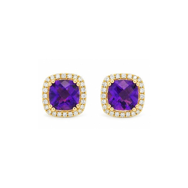 14K Yellow Gold Amethyst and Diamond Halo Earrings