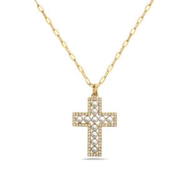 14K Yellow Gold Diamond and Freshwater Pearl Cross Necklace