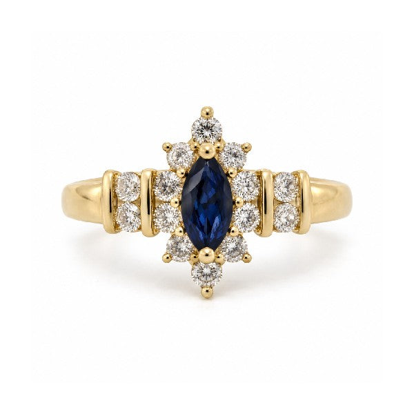 ESTATE 14K Yellow Gold Marquise Sapphire Diamond Halo Ring