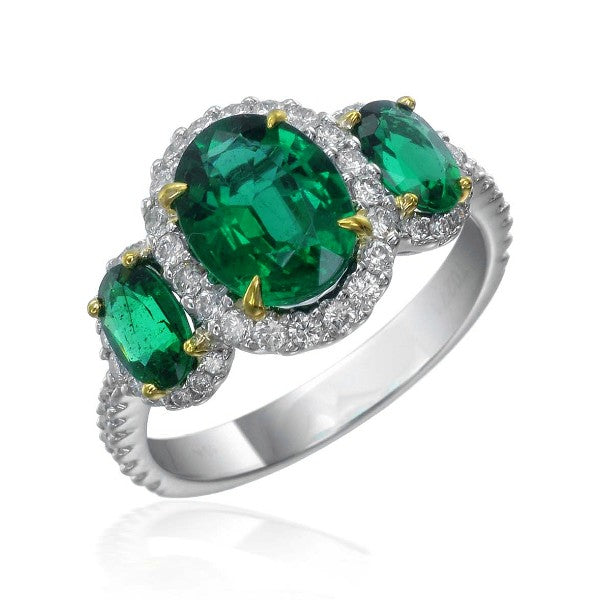 18K White Gold 3-Stone Oval Emerald and Diamond Halo Ring