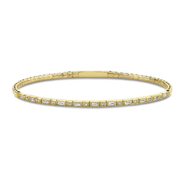 14K Yellow Gold Flexible Baguette and Round Diamond Bracelet