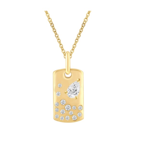 14K Yellow Gold Pear Diamond Dog Tag Pendant Necklace