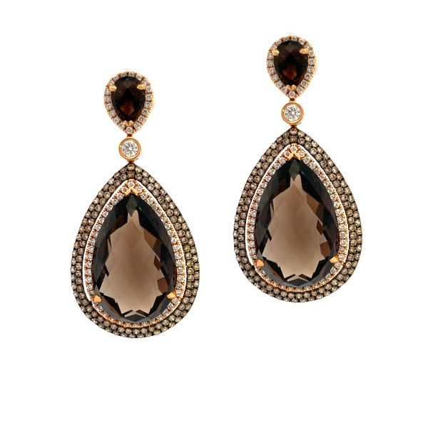18K Rose Gold Double Drop Smokey Quartz and Diamond Earrings