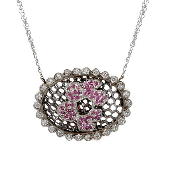 18K White Gold Pink Sapphire and Diamond Flower Necklace - FINAL SALE