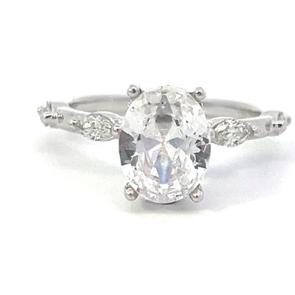 18K White Gold Oval Engagement Ring with Marquise Diamonds and Hidden Halo