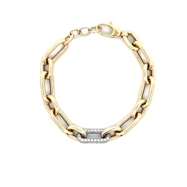 14K Yellow Gold Paper Clip Bracelet With a Pave Diamond Link