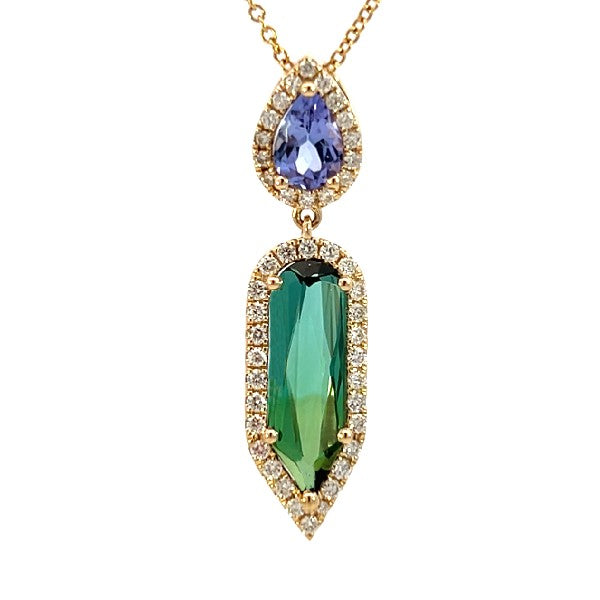 14K Yellow Gold Green Tourmaline and Tanzanite Diamond Halo Pendant