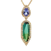 14K Yellow Gold Green Tourmaline and Tanzanite Diamond Halo Pendant