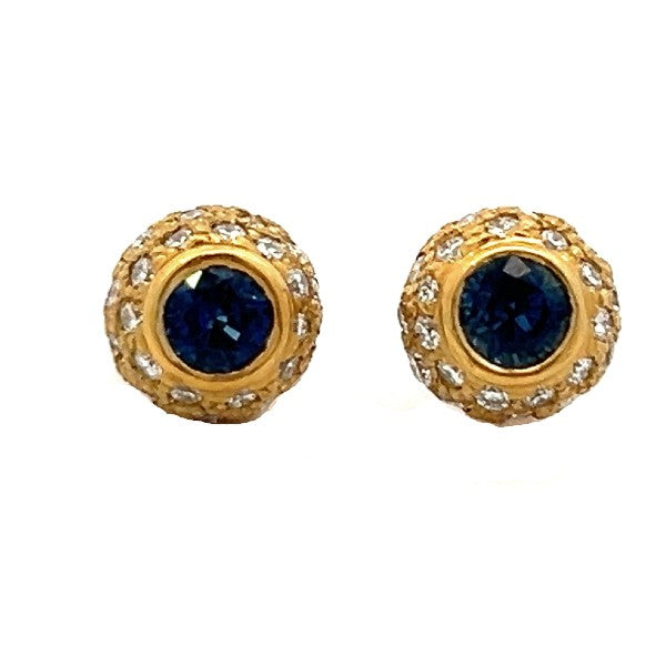 18K Yellow Gold Blue Sapphire and Diamond Stud Earrings - FINAL SALE