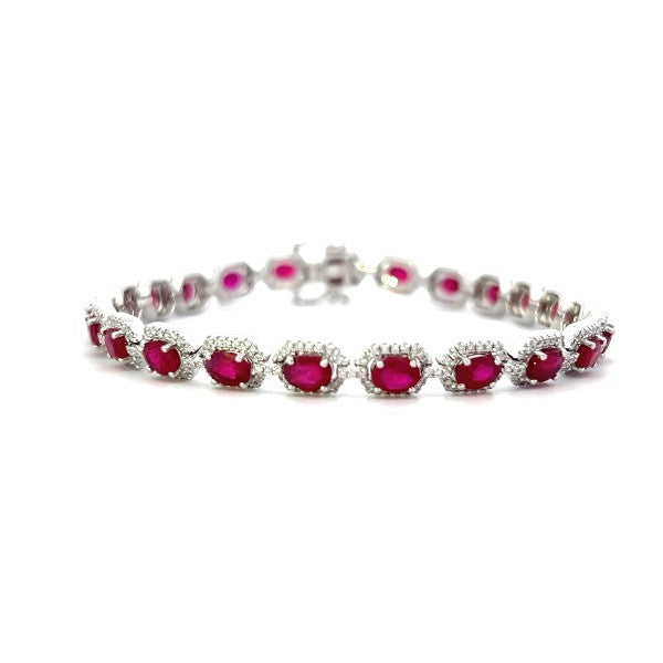 18K White Gold Oval Ruby and Diamond Bracelet