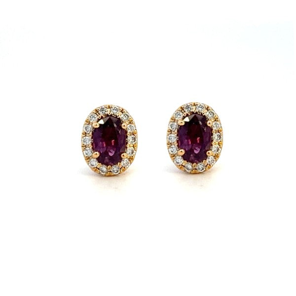 14K Yellow Gold Oval Ruby and Diamond Halo Earrings