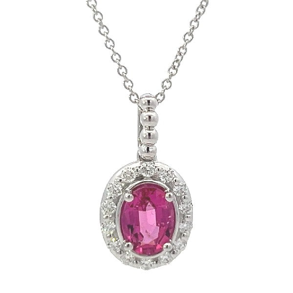 14K White Gold Oval Ruby and Diamond Halo Necklace