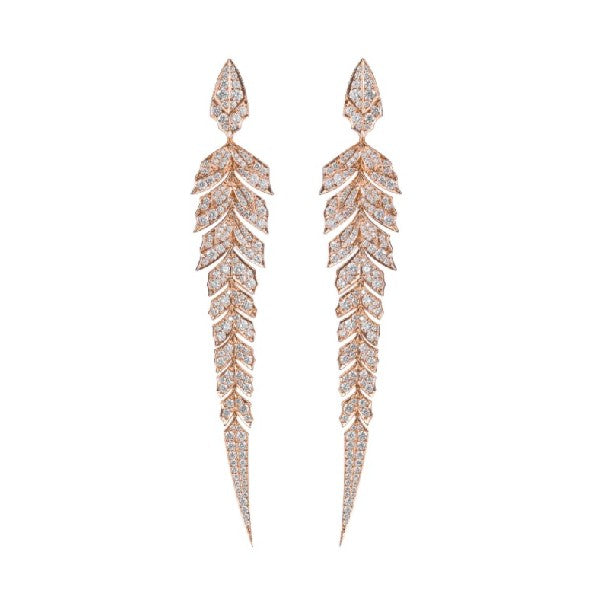 STEPHEN WEBSTER 18K Rose Gold Magnipheasant Long Tail Feather Pave Diamond Earrings