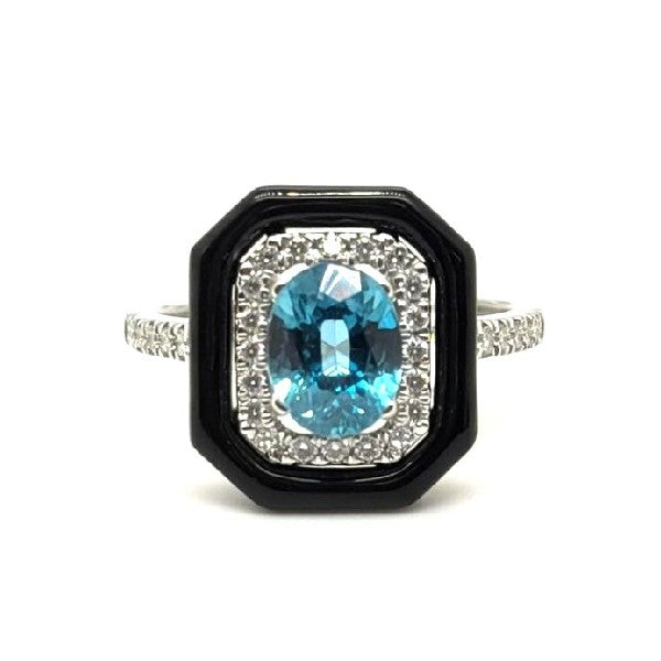 14K White Gold Halo Ring with Black Onyx and Blue Zircon