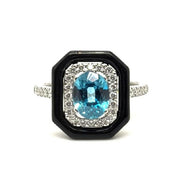 14K White Gold Halo Ring with Black Onyx and Blue Zircon