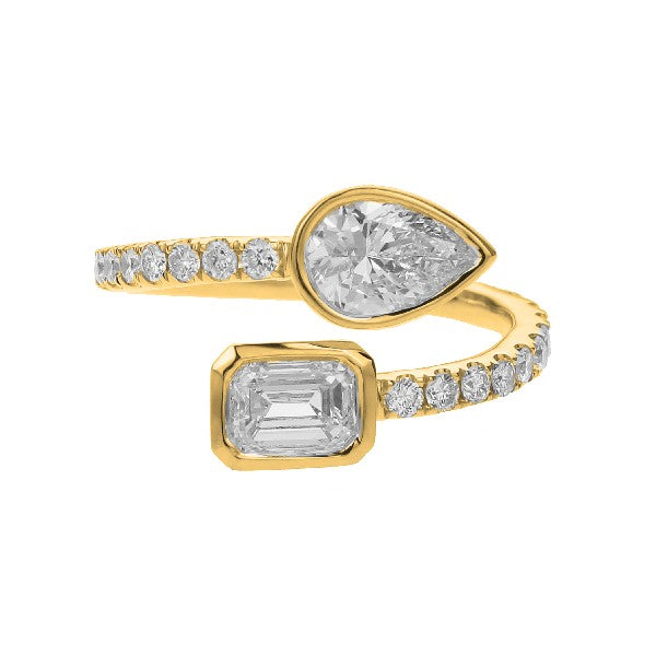 18K Yellow Gold Pear and Emerald Diamond Bypass Ring