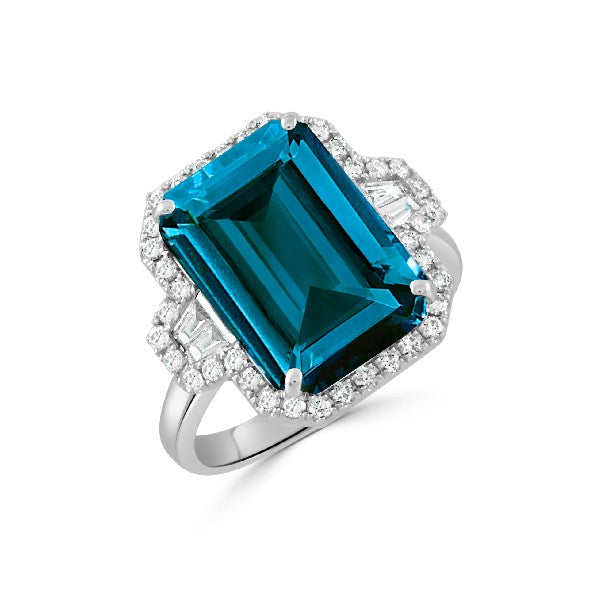 18K White Gold Diamond Halo and London Blue Topaz Ring