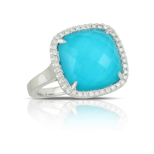 18K White Gold Diamond and Clear Quartz Over Turquoise Ring