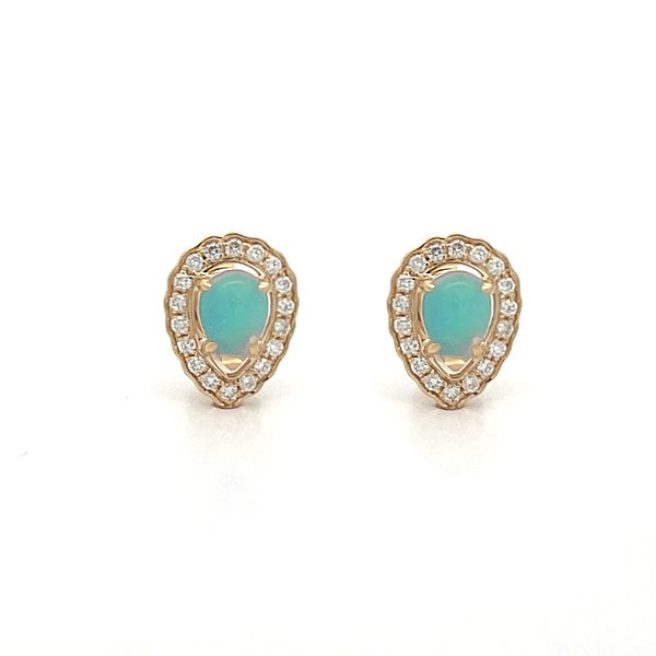 14K Yellow Gold Pear Opal and Diamond Halo Stud Earrings
