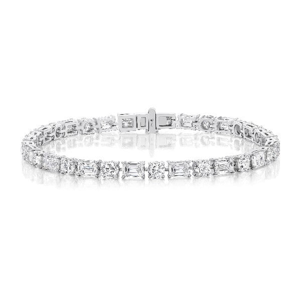 18K White Gold Tennis Bracelet With Alternating Emerald and Round Diamonds