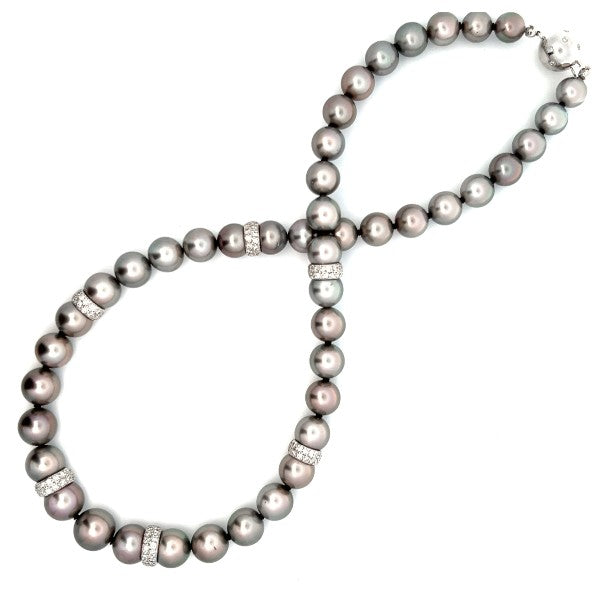 18K White Gold Tahitian Pearl Necklace with Diamond Rondells