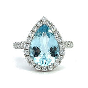 14K White Gold Pear Aquamarine and Diamond Ring