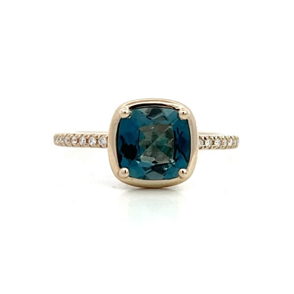 14K Yellow Gold Bezel London Blue Topaz and Diamond Ring