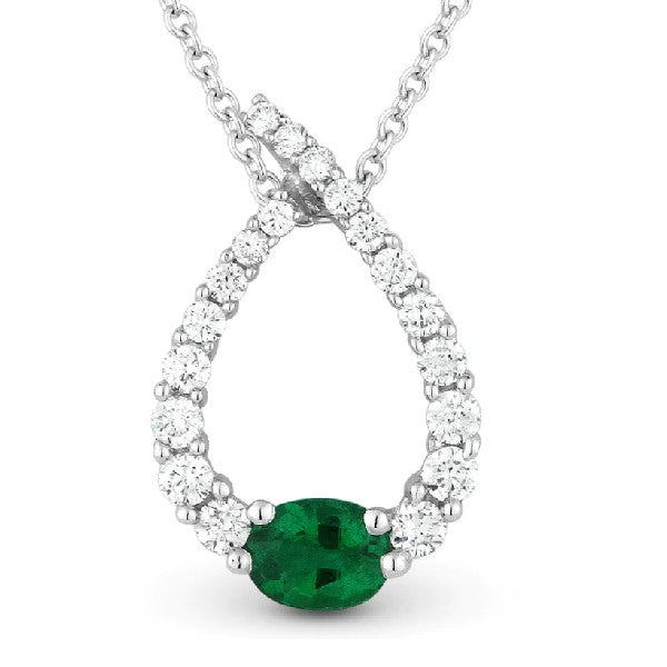 14K White Gold Emerald and Diamond Pendant Necklace