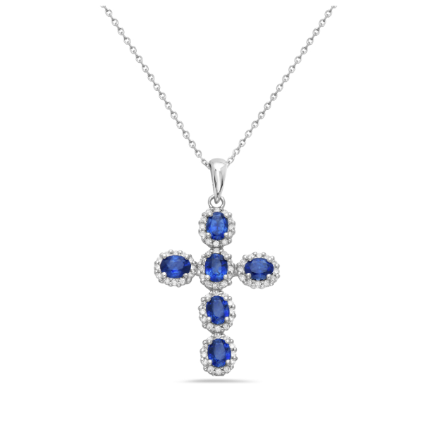 14K White Gold Sapphire Cross Necklace