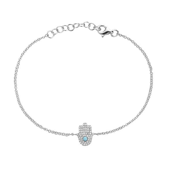 14K White Gold Turquoise and Diamond Hamsa Hand Bracelet