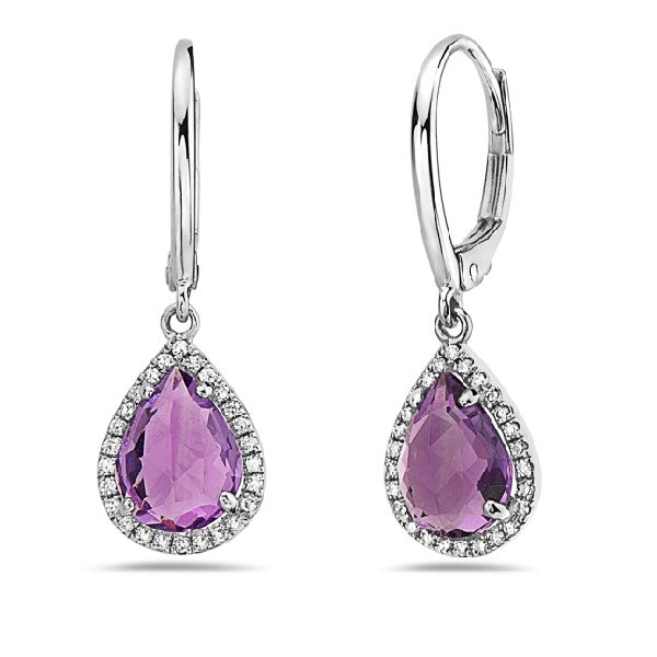 14K White Gold Amethyst and Diamond Teardrop Dangle Earrings