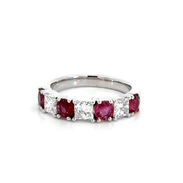 ESTATE 14K White Gold Alternating Diamond and Ruby Ring
