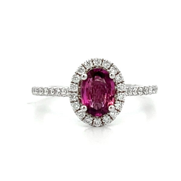 14K White Gold Oval Pink Sapphire and Diamond Halo Ring