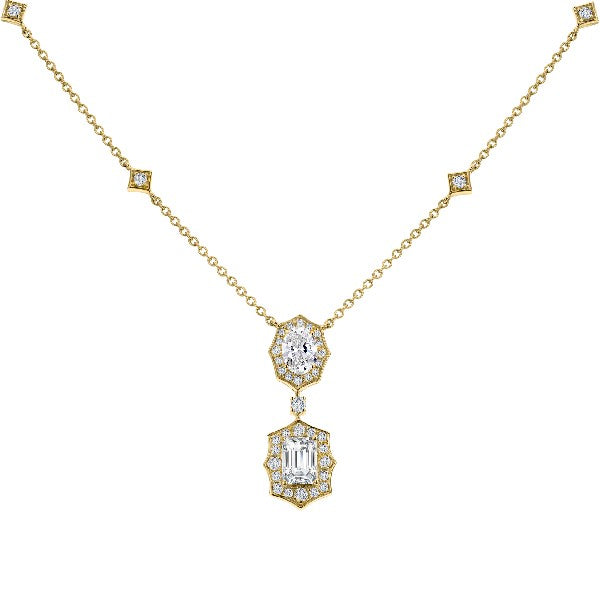 18K Yellow Gold Double Drop Halo Necklace with Pear and Emerald Cut Diamonds