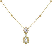 18K Yellow Gold Double Drop Halo Necklace with Pear and Emerald Cut Diamonds