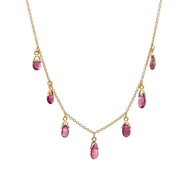14K Yellow Gold Pink Tourmaline Briolette Station Necklace