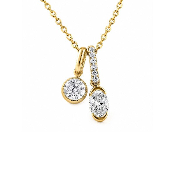 14K Yellow Gold Oval and Round Diamond Dangle Necklace