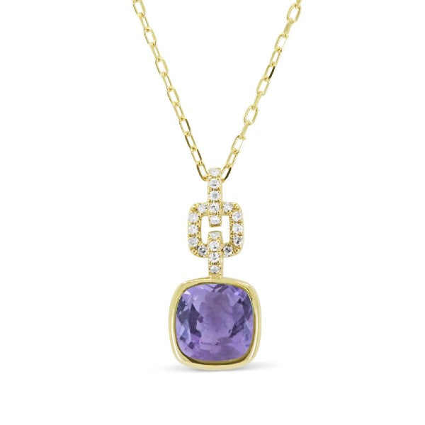 14K Yellow Gold Bezel Amethyst and Diamond Necklace