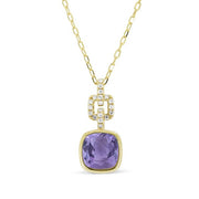 14K Yellow Gold Bezel Amethyst and Diamond Necklace