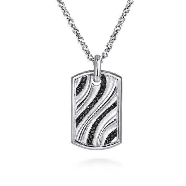 Men's Sterling Silver Dog Tag Necklace With Black Spinel Wave